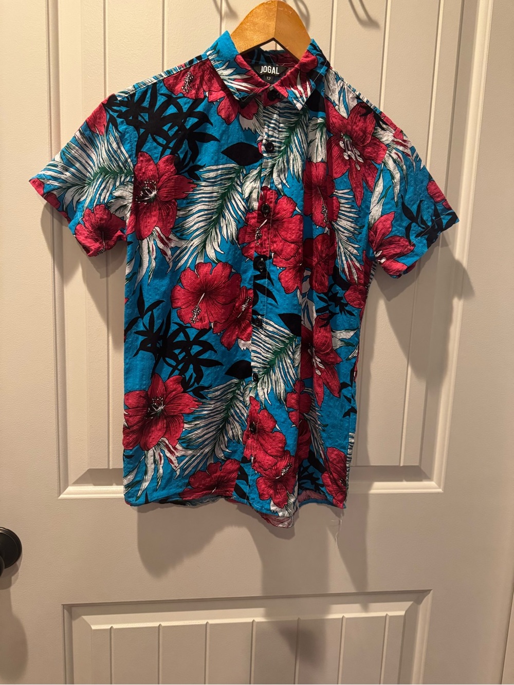 JOGAL Boys Hawaiian Shirt Size 12 Blue Floral Hibiscus Button Down Short Sleeve